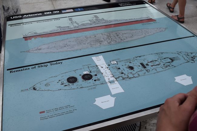 真珠湾攻撃で沈んだ戦艦アリゾナ。クロスするように記念館が建てられています。<br /><br />ここに眠る乗組員を慰霊する十字架になるように。<br /><br />そして戦艦アリゾナと戦艦ミズーリは相対するように位置されています。<br /><br />戦艦アリゾナは太平洋戦争の始まりで戦艦ミズーリは戦争の終結を意味するように。