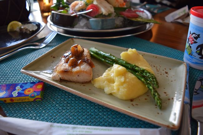 ケイキメニューからマヒマヒのグリル　マッシュポテト添え。<br /><br />子供たちが飽きないように塗り絵やおもちゃも用意してれます。