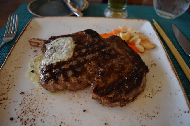 メインその1<br /><br />22日間熟成の骨付きプライムリブアイステーキ「デルモニコ」<br /><br />高温で焼き上げられており、表面はややカリカリ、なかはとてもジューシーなステーキ。<br /><br />熟成肉の旨みを十分堪能できる一品。約450gありましたがその美味しさに完食です。