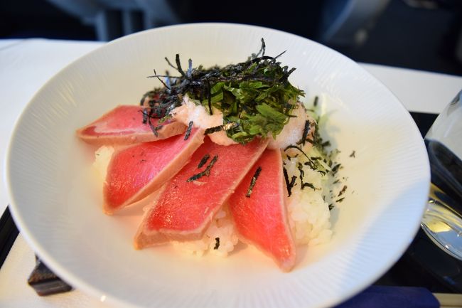 もうちょっと食べたかったので鮪の灸り烏賊明太入り山掛け丼をオーダー。<br /><br />なかなか脂ののったマグロ。機内でこんなおいしいマグロが頂けるとは感動。