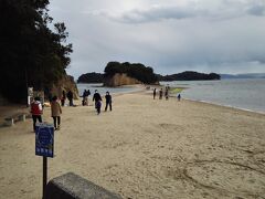 綺麗な砂浜はまだ現れたばかり。島と結ばれる砂州は半ば緑の海草で覆われている。