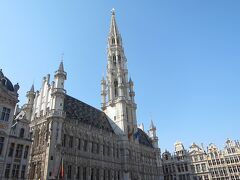 [グランプラス]

市庁舎　Hôtel de Ville
ブリュッセルを代表する建造物のひとつ。
15世紀に建てられたフランボワイヤン(後期フランス・ゴシック)様式の建物で、
中央の塔の高さは96メートルあります。
先端の像は、ブリュッセルの守護聖人である大天使ミカエルです。
《ベルギー観光局ワロン・ブリュッセルより》