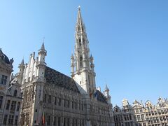 [グランプラス]

市庁舎　Hôtel de Ville
ブリュッセルを代表する建造物のひとつ。
15世紀に建てられたフランボワイヤン(後期フランス・ゴシック)様式の建物で、
中央の塔の高さは96メートルあります。
先端の像は、ブリュッセルの守護聖人である大天使ミカエルです。
《ベルギー観光局ワロン・ブリュッセルより》
