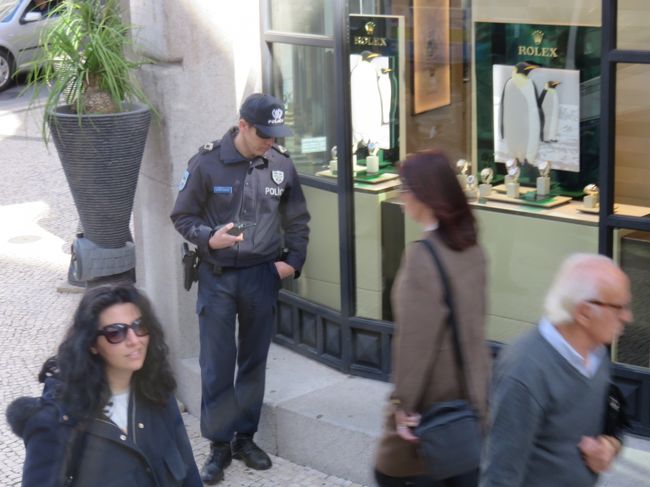 ポリスが歩行者道路の両サイドで見張っている