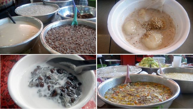 で……市場内には食堂もありスイーツが人気。<br /><br />左上: スイーツは大きなボールに入れて売ってます。<br />右上: 黄色い豆のあんが入った白玉団子にココナッツミルクをかけたもの。<br />左下: 小豆と餅米を煮込んでココナッツミルクをかけたもの。<br />右下: タピオカとトウモロコシを煮込んでにココナッツミルクをかけたもの。 