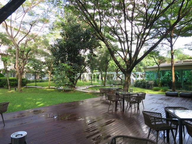 朝食のレストランから望む中庭。<br />