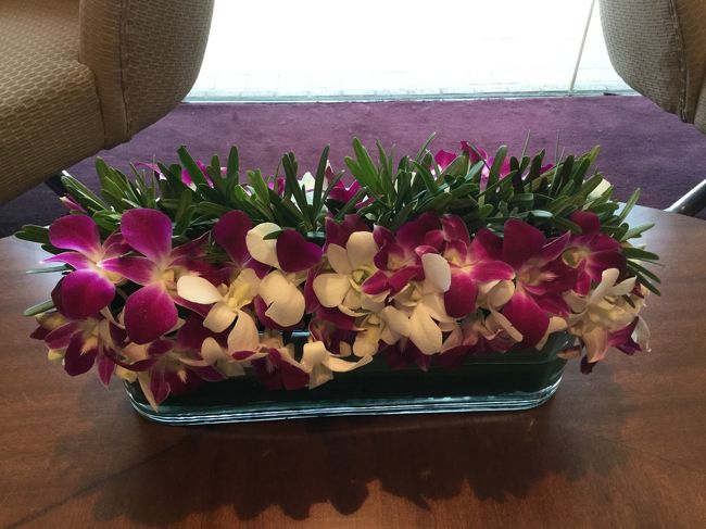 こちらのデンファレのアレンジは、クラブラウンジに活けてあったものです。<br />ガラスの器ですが、ちゃんと吸水性スポンジがグリーンの葉で巻かれてありました！