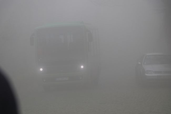 バス停に到着。<br />バスを待っている間、夫はしんどくてしゃがみ込んでしまった。<br />これは相当熱があるな・・・。<br />今朝オビドスの城壁を歩かせたのは失敗だった。<br /><br />霧でバスも霞んでる。<br />来た時よりも、さらに霧が濃くなったかも。