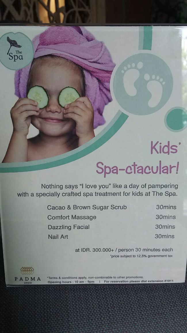 スパではキッズメニューも。<br />実は息子、今回こちらでマッサージを受けました。<br /><br />クラブルーム宿泊者はスパメニューが20％オフになります。