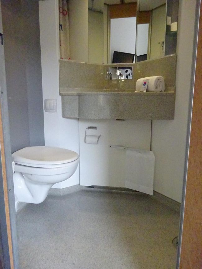 「シャワーを使うと床がびしょびしょになる」と口コミ評価が低いバスルーム。<br />まあるい空間はカプセルのようです。