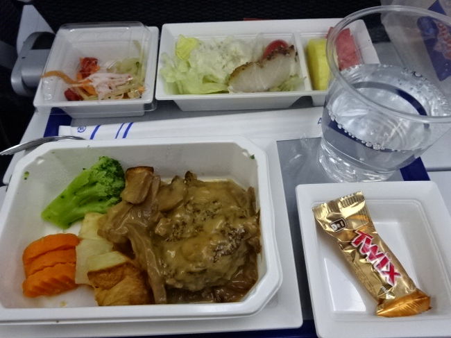 機内食。帰りもハンバーグ(笑)。復路はきのこソースでした。往路のデミグラスよりもこちらの方が好みです。