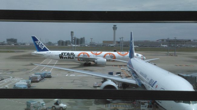羽田経由です。<br />スターウォーズ仕様の飛行機がいました。