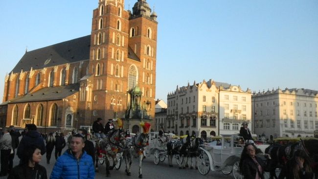 チェコに行く日の早朝に<br />ホテル前の広場を散歩した。<br />朝日に輝く聖マリア教会が美しい。