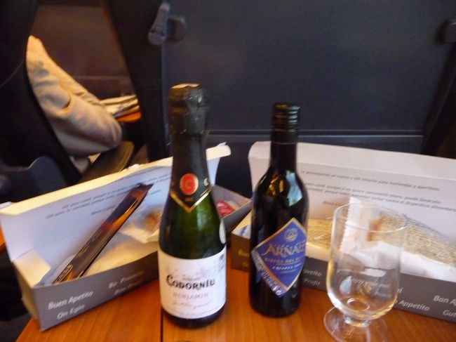 ビジネスクラスではカヴァ、ワインを含む飲み物が出された後、サンドイッチとチョコレートがサービスされます。