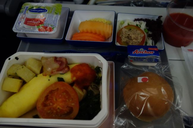 到着前の朝ご飯はオムレツにしました。そう言えば、最近、ANAさん、シルバーセット？の中の塩胡椒なくなりましたよね