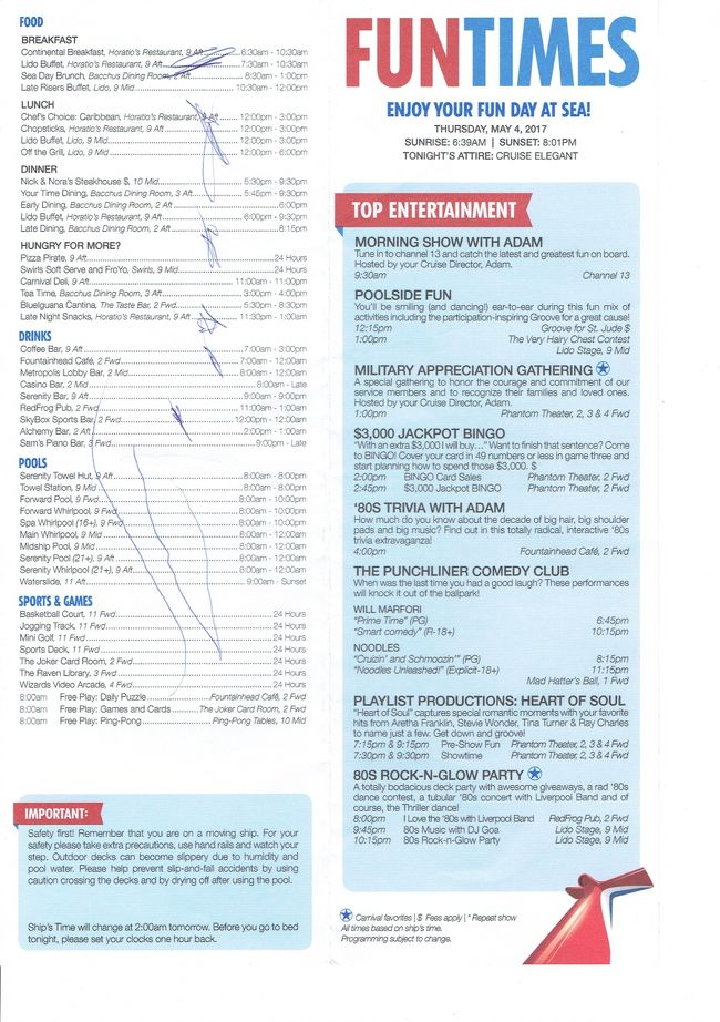 5月4日の船内新聞です。5月3日の夜にプエルトバジャルタの港を出た船は、2泊3日かけてロングビーチまで戻ります。三日連続で寄港地観光をしたので、二日の船の中はゴロゴロしていました。贅沢な無為の時間ですが、紹介できる写真がない（笑