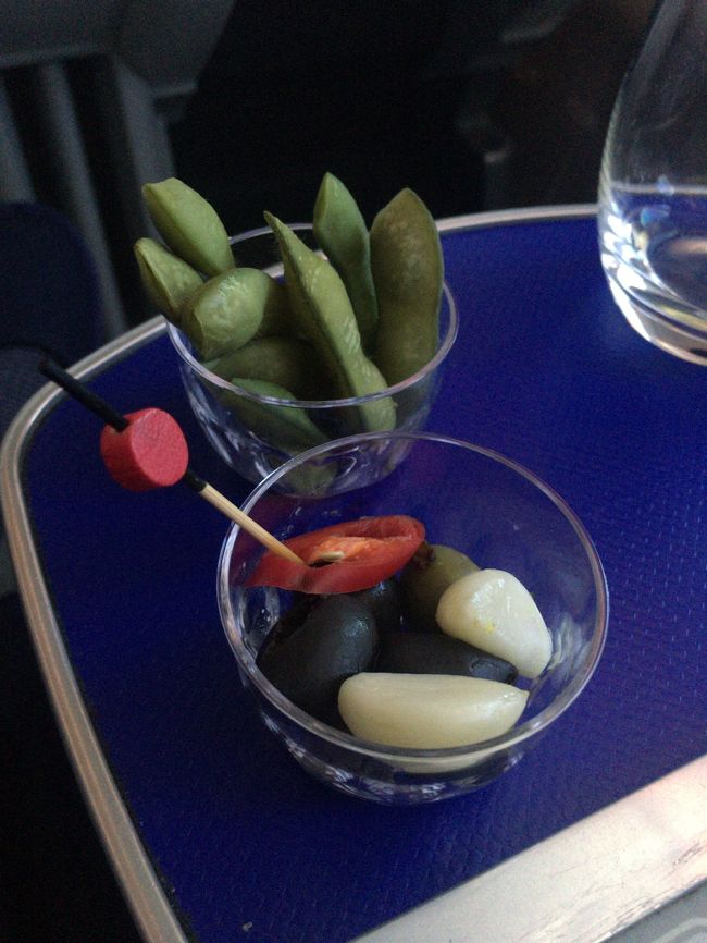 少ししてアミューズを貰いました。ここで甘いモノ無いの？と聞くとチョコしか無いとのことで...。うーん、デザート積んで無いんだなぁ。やっぱりフルサービスの８８６便の方が良かったかな。