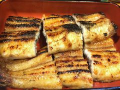 並んでいたお店に戻ると、カウンター席に空席が一席。待つこともなく入店。お目当は鰻の白焼き。注文後、10-15分ほど待って食事が登場。皮はしっかり焼かれ香ばしく、身はふわっとした食感。これを生姜醤油につけていただく。とても満たされた気分に。いいお値段がついた逸品だが、値段に見合ったものが出てきて満足。