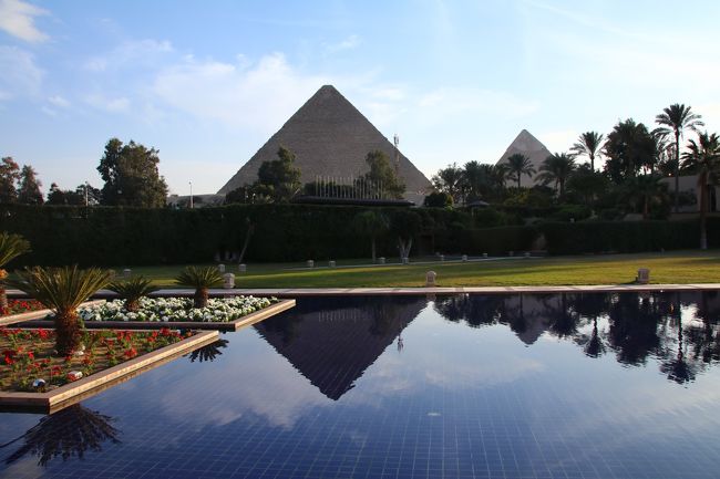 翌日も朝食の会場からクフ王とカフラー王のピラミッドが正対して見えます。<br />ホテルのプールには逆さピラミッドが映り、周囲の緑と調和して別世界のようです。