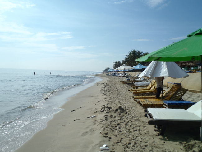 朝日を浴びて穏やかなビーチです。