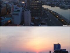 ホテル　ラビスタ釧路川　１２１１号室から見る日の出

（上）なんと３：５２、釧路の夜明けは早いのです！
（下）３：５７、太陽の頭が覗いています。