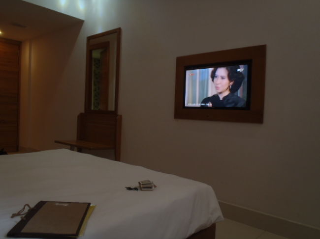 壁には埋め込み式TVで部屋のスペースを幾分か広くする努力をしているようです。