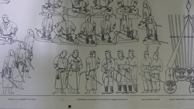 上のフレスコ画の墨絵。<br />フレスコ画には中国や朝鮮の人も描かれており、当時の交流の広さも示しています。