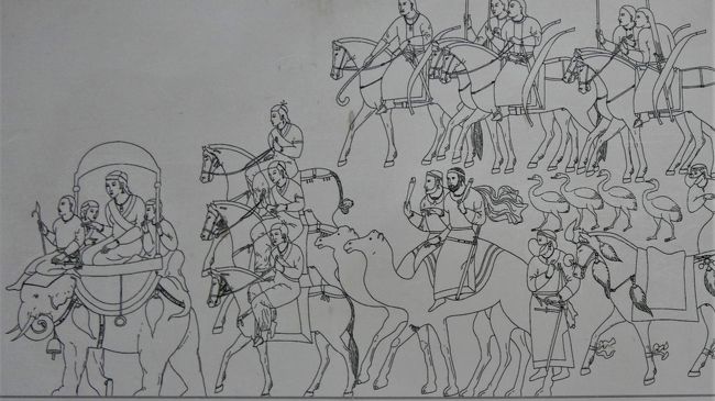 上のフレスコ画を書き直した墨絵。<br />先頭に象に乗った王妃と女官、ラクダに乗った外国人、白鳥等が描かれています。