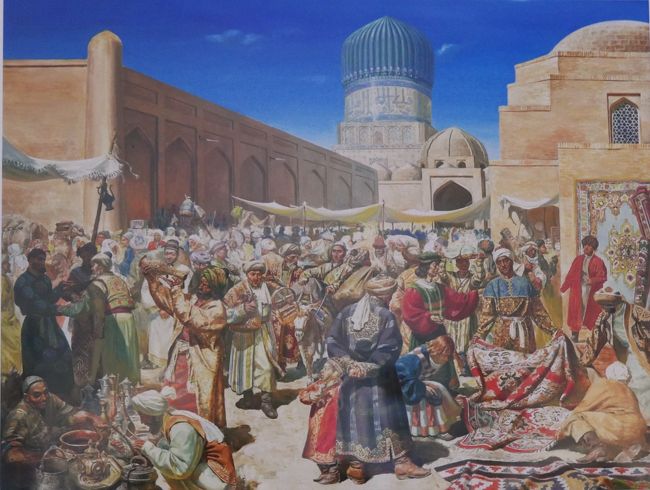 中世のバザールの様子を描いた絵。