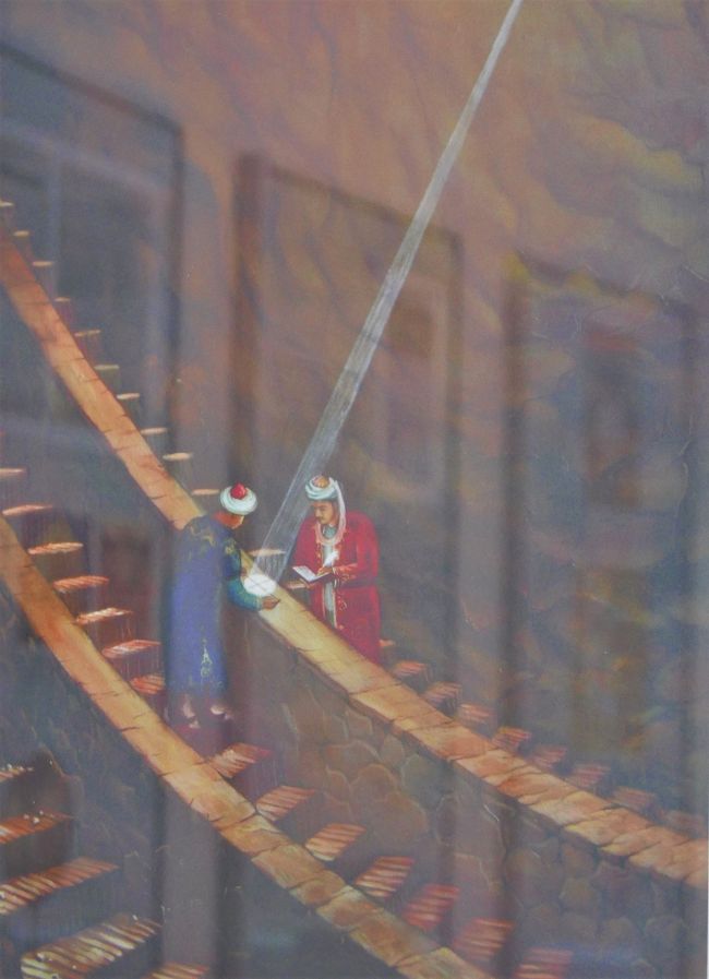 観測の様子を描いた絵。<br />観測では、恒星時1年間を３６５日６時間１０分８秒と計算。<br />これは、現在の精密時計で計測した時間と誤差１分未満の精度の高いものでした。<br />