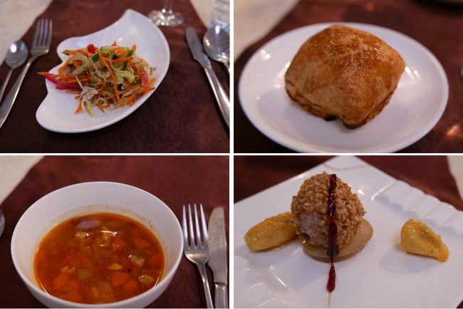 サラダ、サムサ、トマトベースのスープ、デザート。<br />