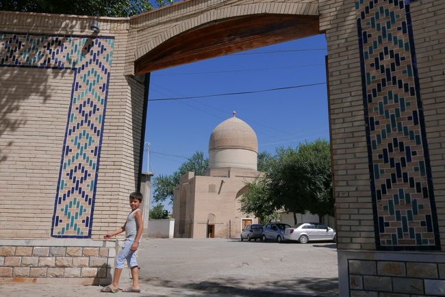 男の子がこちらをじっと見ていました。<br />塀の外に見えるのはアクサライ廟。