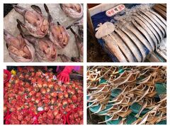 見えてきてしまったので、そのままチャガルチ市場見学。

こんなに海産物を捕まえまくって食べきれるんだろうかというくらい並んでます。

左上：アンコウ
右上：太刀魚
左下：まるでランブータンかなにかの果物のようなホヤ
右下：まるで工芸品かと見紛う魚の開き