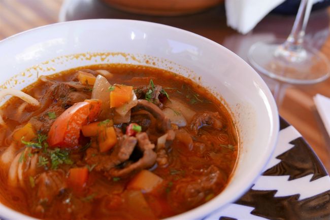 メイン料理はトマトベースのラグマン。<br />ウズベキスタンで出されるスープはどれも美味しかったです。