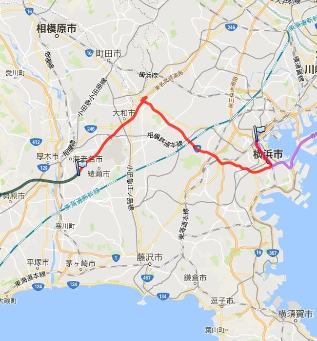 横浜YCATを出て、横浜・町田ICから東名高速道路を走ります。GPSの記録です。