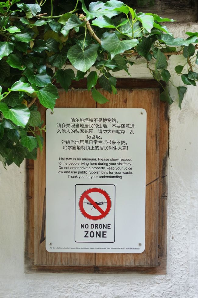 ハルシュタットではドローン禁止。<br />この看板みても英語より先に中国語表記。<br />「ハルシュタットは美術館ではないですよ～。<br />ここに住んでる人をリスペクトして、プライベートには立ち入らないでね。<br />出来るだけ小声で話して、ゴミはゴミ箱へ～」ってな意味。<br />当たり前の事の様だがハルシュタットの住民の切実な訴えかと思った。<br />ここ数年、大阪でもトイレは座って利用しましょう！的な<br />絵柄を用いた説明がやたら増えてきたもん。