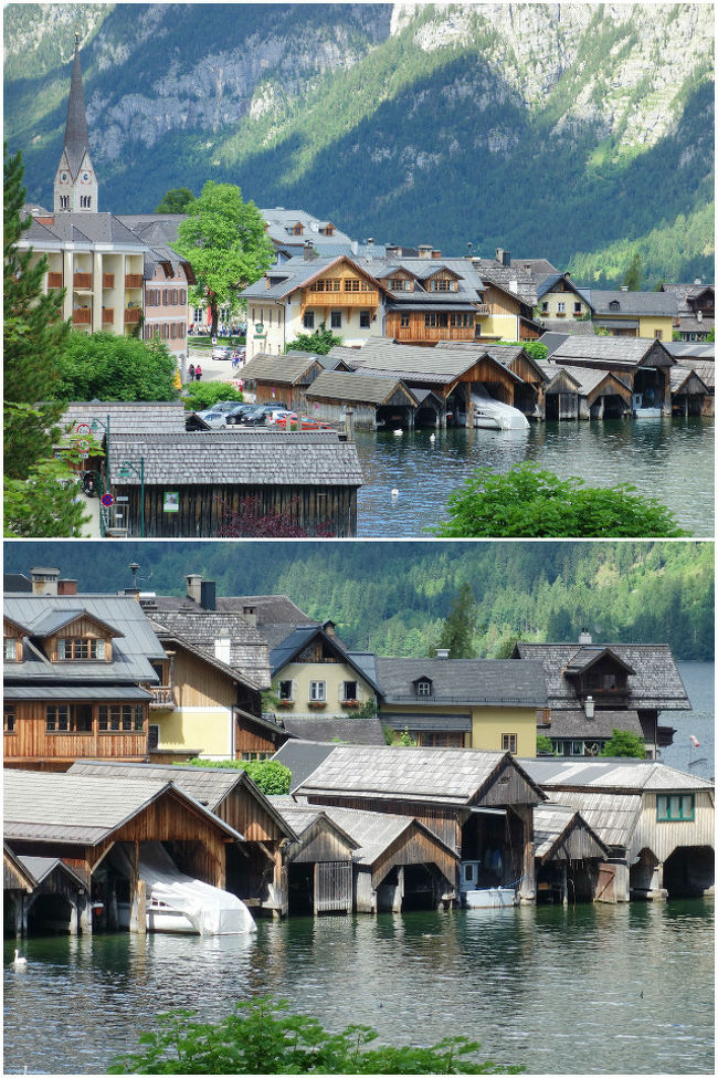 ハルシュタットの湖沿いのお家郡、<br />よーく見ると伊根の舟屋とよく似てるかも？