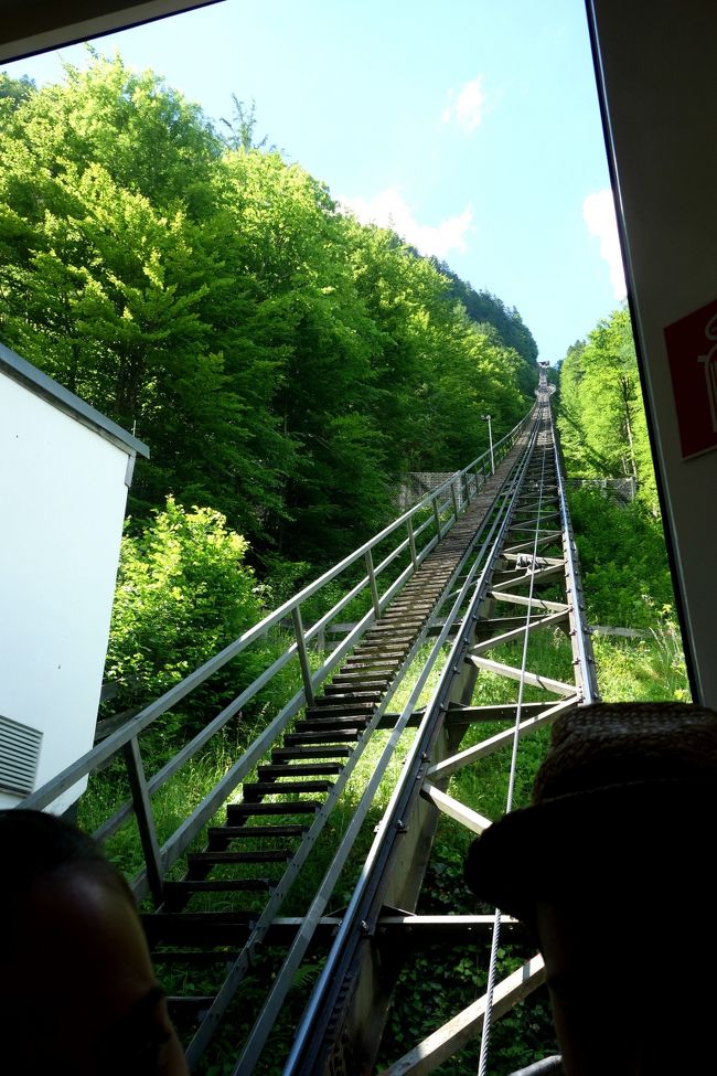 ケーブルカーで一気に世界遺産展望橋へ。ケーブルカーが往復16ユーロ。<br />帰りは山道を歩いたので実質片道16ユーロに。<br />ケーブルカーと塩抗のセット料金もありましたが、時間が夕方近かったのと、<br />ポーランドのヴィエリチカで塩抗は見学済なので、塩抗はパス。