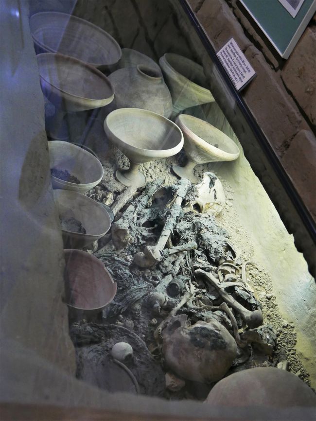 遺跡で発見された土器と人骨。