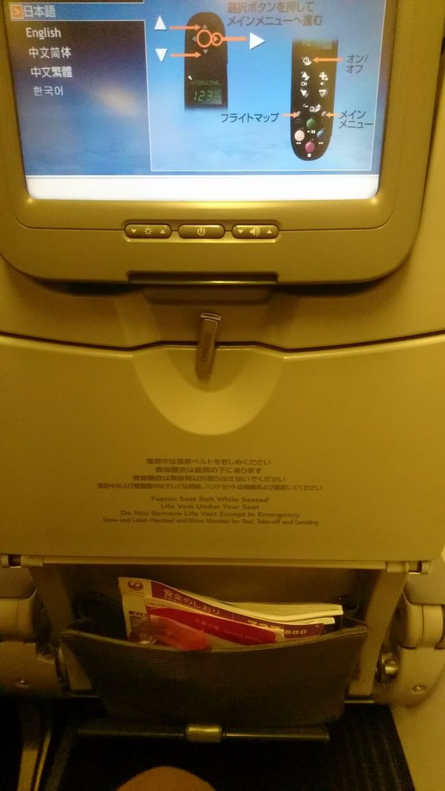 レカロシートです。<br /><br />今まで、スカイスイートのシートに乗っていましたので、<br />少し狭く感じますね。<br /><br /><br />ここで問題が・・・<br /><br /><br />映画を見たいのに隣のおじちゃん、<br />私のリモコンが入っているひじ掛けにひじ掛けたまま爆睡(笑)<br /><br />タップで反応しないモニターなので、<br />このままでは、2時間が無駄になる・・・<br />意地でもひじをどかさなきゃー！