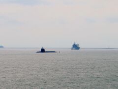 出港したら右舷に自衛隊の潜水艦と輸送艦？が見えます。
錦江湾には海上自衛隊鹿児島試験場があるので結構見られるとか。
日本国土の安全確保と災害救援の雄、自衛隊の皆様に敬意を込めて敬礼！