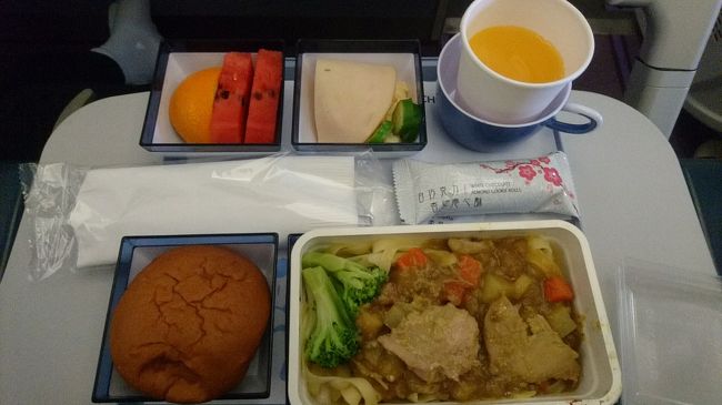 機内食です。<br /><br />カレーかお魚かを選べました。<br />味は普通かな・・・