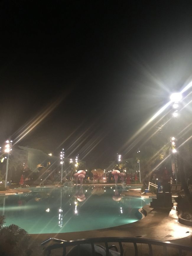 ホテルへ着いたらまだプールのライトアップがしてました♪<br /><br />このプール横の道を通ってお部屋へ～<br /><br />近くてほんとに便利♪