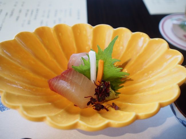 ランチは数種類ありましたが我が家は「万葉弁当」にしました<br /><br />まずはお刺身<br />鯛とブリ