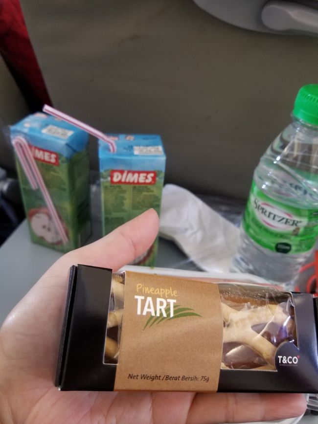 機内食と同時にデザートも申し込みしました。<br /><br />パイナップルのタルトとリンゴジュース。<br /><br />タルトは甘すぎて半分も食べられず…<br />リンゴジュースは100％のものでした。<br /><br />次からはデザートは要らないかなー。