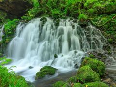 【元滝伏流水】
鳥海山の溶岩のヘリの部分に位置し、鳥海山に降った大量の雪や雨が10年～20年かけてここから湧き出しています。