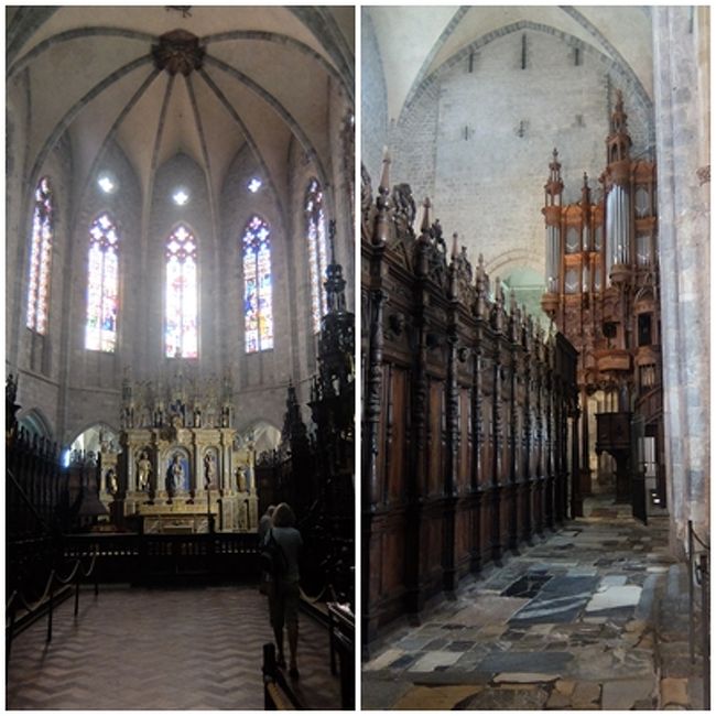 窓はステンドグラスに彩られ、瀟洒な木製の聖歌隊席、オルガン、<br />これらはロマネスクとはかけ離れた異空間