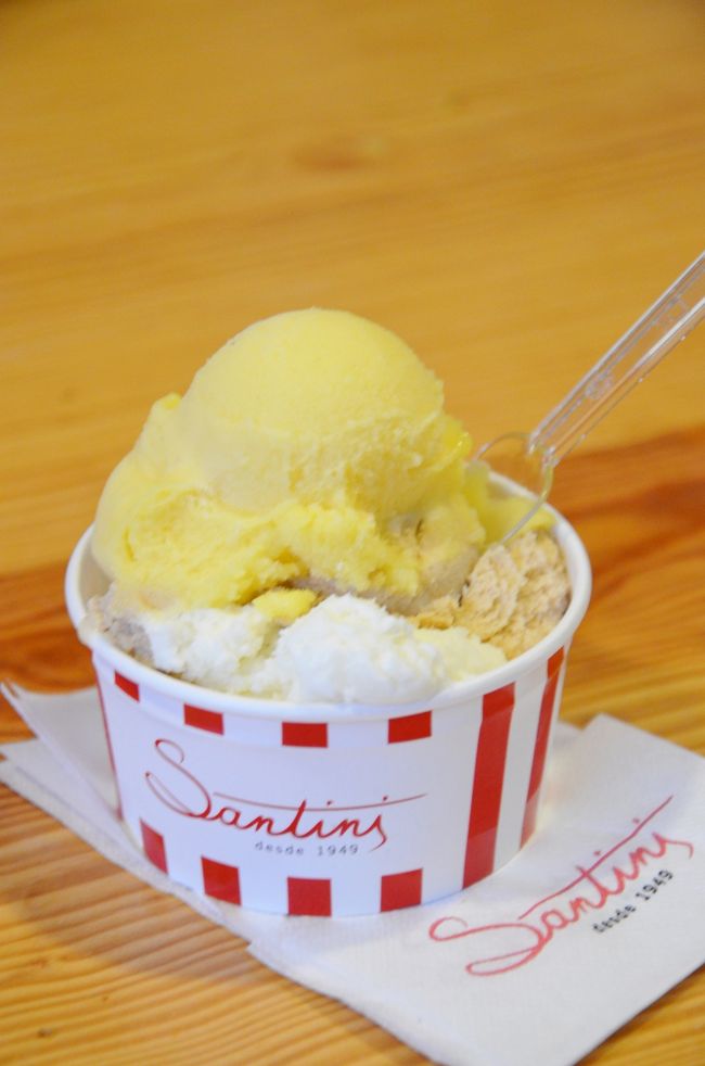 デザートはジェラート！<br /><br />Santini というカスカイスに本店がある有名店が入っています。<br />主人に「バニラとチョコレート」という超スタンダードなオーダーをリクエストされて、お店に行ってみると、私はどうしても2種類に絞れなくて、結局3種類をチョイス。<br />ヘーゼルナッツ、ココナツ、パッションフルーツ。<br /><br />全て美味しかったけれど、パッションフルーツは、それだけ3スクープくらい食べられる！と思えるくらいに美味しかった！　<br />おススメ。