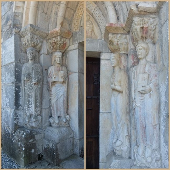正面の入り口門は、人物彫刻になり、その見事さには目を奪われる～<br />左側から聖ジュスト、聖パストール、右側の内側は聖エレーヌ、聖エチエンヌ。<br />8世紀のものと言われている。