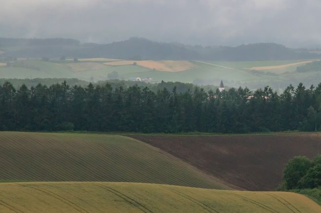 遠くに美馬牛小学校の三角屋根が見えます。<br />